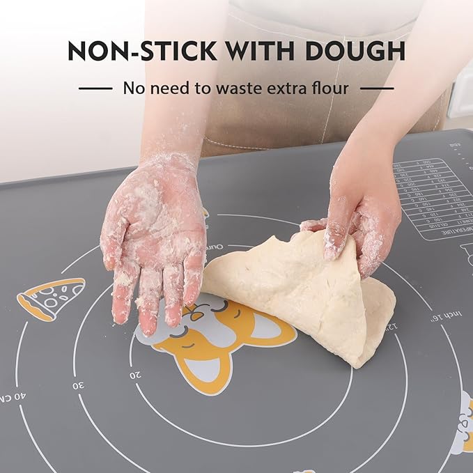 Silicone Baking Mat and Pastry Scraper, Ourokhome Dough Kneading Mat with Measurement and Conversion Chart, Ourokhome Stainless Steel Pizza Cutter for Kitchen Baking