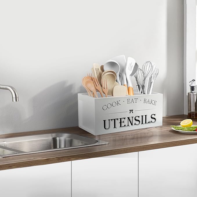 Suli Extra Large Kitchen Utensils Holder with 4 Compartments, Wooden Utensil Organizer for Countertop, Farmhouse Kitchen Decor, Rustic Cooking Utensil - White