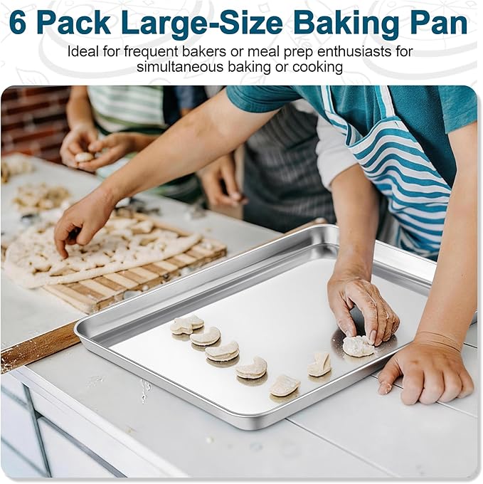 TeamFar Baking Sheet Pan, 6 Pack Stainless Steel Half Size Baking Pans Set, Metal Large Cookie Sheets for Baking/Roasting/Serving, Non-Toxic & Heavy Duty, Dishwasher Safe, 17.6” x 13” x 1”