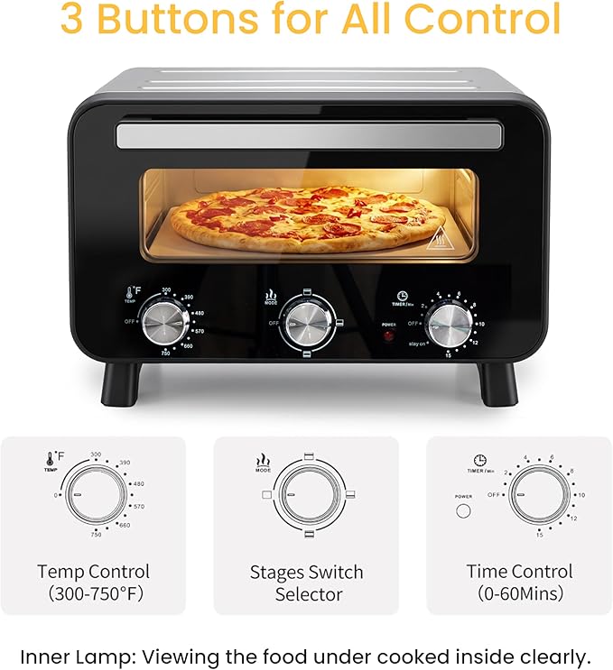 Simple Deluxe 1600W Indoor Electric Pizza Oven, 4 Cooking Modes for 12" Pizza, Fast Heating with Dual Independent Temp Control, Includes Pizza Stone & Spatula, Black