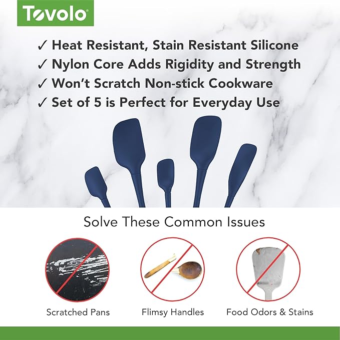 Tovolo Flex Core 5 Piece Silicone Spatula Set Heat Resistant All Silicone Utensils Include Non Stick Spatula Spoonula Jar Scraper, Dishwasher Safe BPA Free Spatulas for Baking Mixing, Deep Indigo
