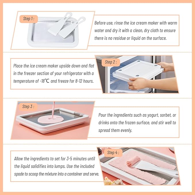 Instant Ice Cream Maker, Rolled Ice Cream Maker, Instant Gelato Pan/Roll, Homemade DIY, with 2 spatula, Frozen Yoghurt Plate Mini Freezer Kit Machine Peach Fuzz