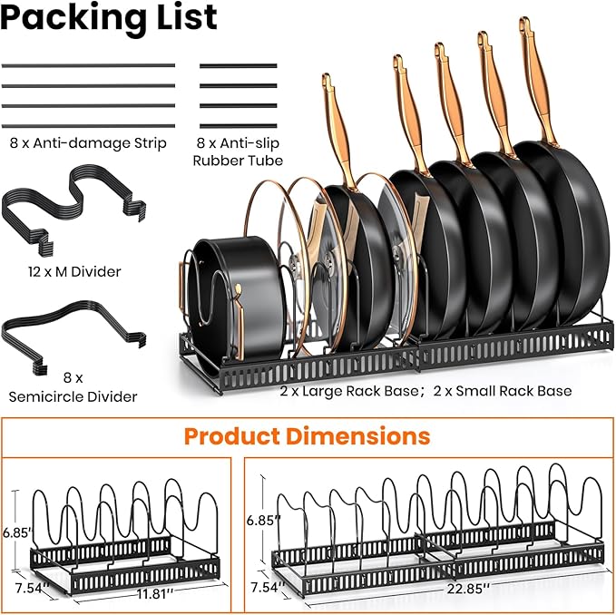 MUDEELA 2 Pack Pots and Pans Organizer Rack for under Cabinet, Expandable Pot Lid Kitchen Cabinet Organizer Holder with 10 Adjustable Compartment Cutting Board Organizer for Pan Lid, Bakeware Sheet