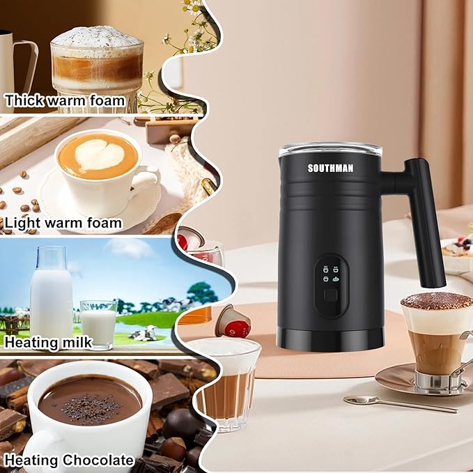 SOUTHMAN Electric Milk Frother, 11.8oz/350ml 4-in-1 Milk Frother and Steamer, Hot and Cold Foam Maker and Milk Warmer with Two Whisks & Auto Shut-Off, Frother for Coffee, Latte, Cappuccino