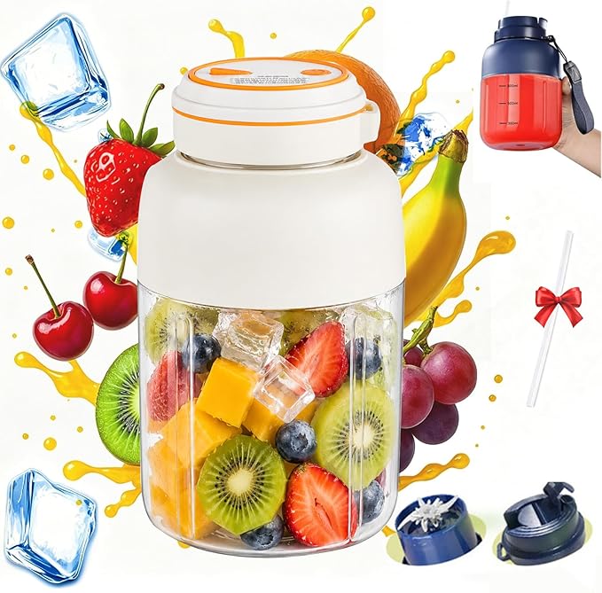 Portable Wireless Juicer Cup, 44oz Personal Blender for Shakes and Smoothies, USB-C Rechargeable Cordless Travel Blender with Leakproof Drinking Lid, BPA-Free Cup for Gym Office Outdoor (White-45 Oz)