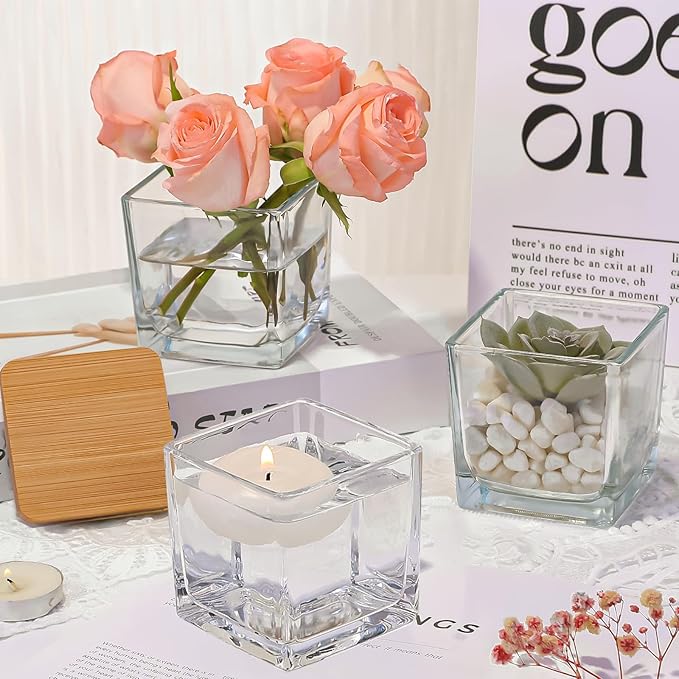 CONNOO 12 Pack 9 OZ Clear Square Candle Jars for Making Candles, Thick Glass Bulk Empty Candle Containers with Airtight Bamboo Lids for Candle Making, Sticky Warning Labels - Dishwasher Safe