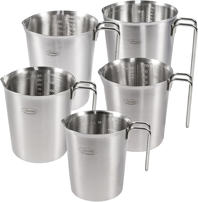 Newness 5 Pack Stainless Steel Measuring Cups Set (3 Marking Including Cup/ML/Oz Scale)(2, 3, 4, 6 & 8 Cup) Metal Measuring Cup with Handle For Prepping, Baking and Cooking, Dishwasher, Microwave Safe