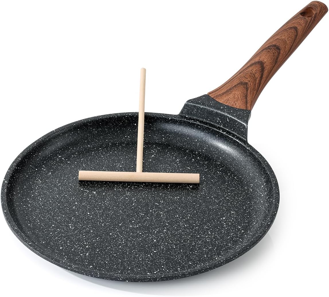 Crepe Pan Nonstick, 10 Inch Dosa Pan with Spreader, Granite Coating Comales Para Tortillas Pancake Pan, Flat Pan for Stove Top, Induction Compatible, PFOA Free