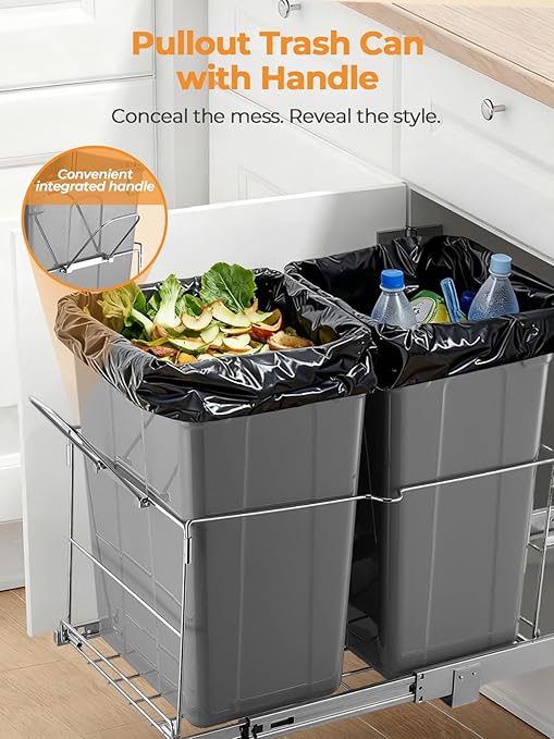 FOHERE Pull Out Trash Can Under Cabinet, 35 QT Double Under Sink Trash Can Waste Container with with Chrome Wire Bottom Mount and Handle, Heavy Duty Garbage Recycling Bin for Kitchen Cabinet, Sink