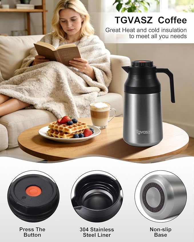 2 PCS Thermal Coffee Carafe Insulated Stainless Steel Coffee Carafe for Hot Liquid Vacuum Thermal Pot Creamer Pitcher Dispenser Keeping Hot Water Milk(Silver/Silver 68 oz)
