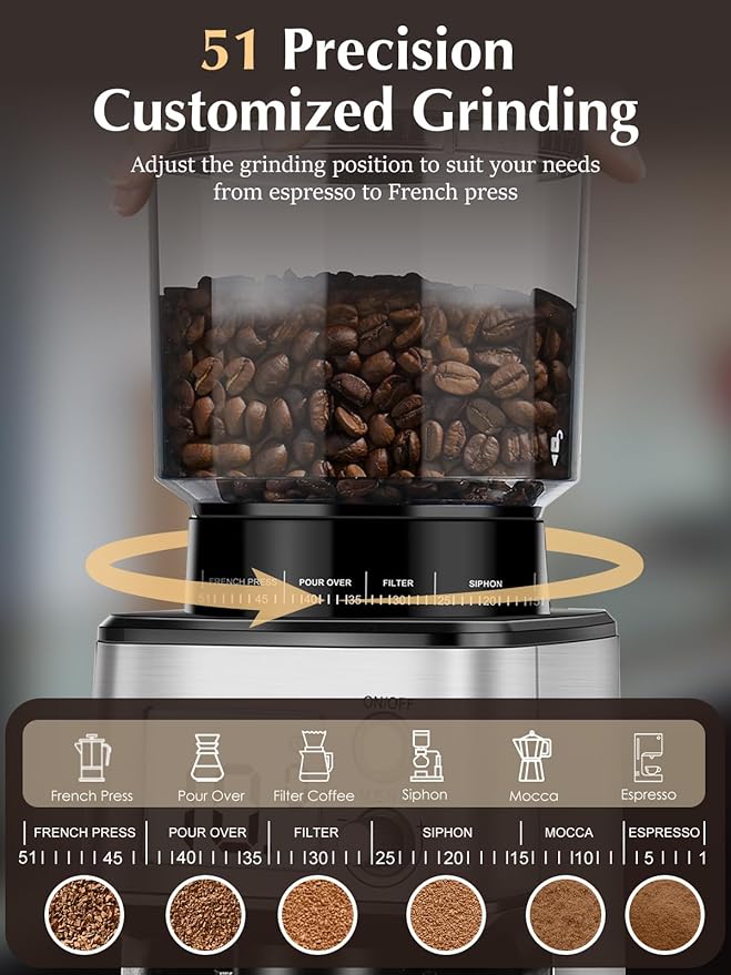 Homtone Commercial Conical Burr Grinder, 51-Setting Electric Espresso Grinder for 51-58mm Portafilters with Timer, Anti-Static, Low Noise for Cafe Home
