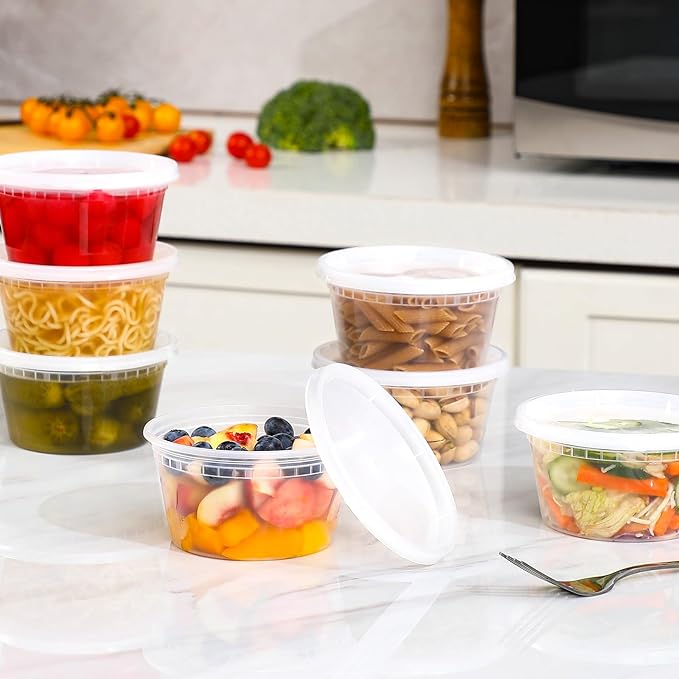 AOZITA 100 Sets 12 oz Plastic Deli Containers With Lids, Airtight Food Storage Containers, Freezer/Dishwasher/Microwave Safe, Takeout Meal Prep Storage