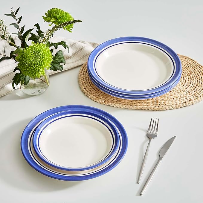 Portmeirion Potter's Stripe Dinner Plate (Set of 4) - 10.5" Earthenware Plates with Classic Striped Rim - Microwave, Dishwasher, Freezer, Oven Safe - Ideal Modern Dinnerware Set (Blue Stripe)