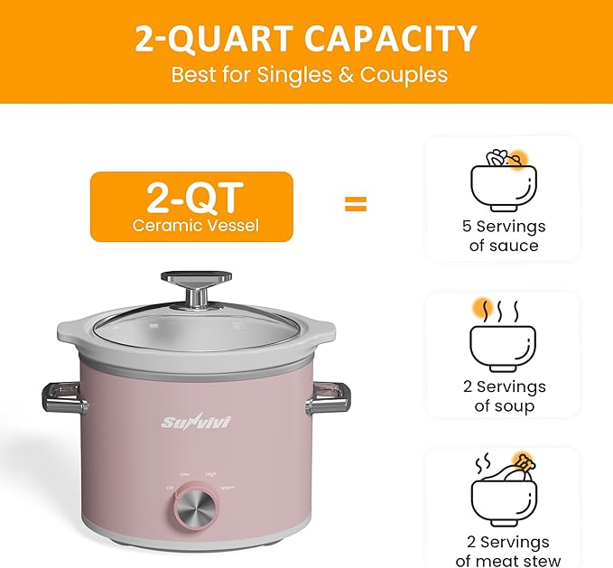 Sunvivi 2 Quart Slow Cooker, Small Slow Cooker with Removable Ceramic Pot, Food Warmer with 3 Heating Settings & Dishwasher Safe Glass Lid, Pink
