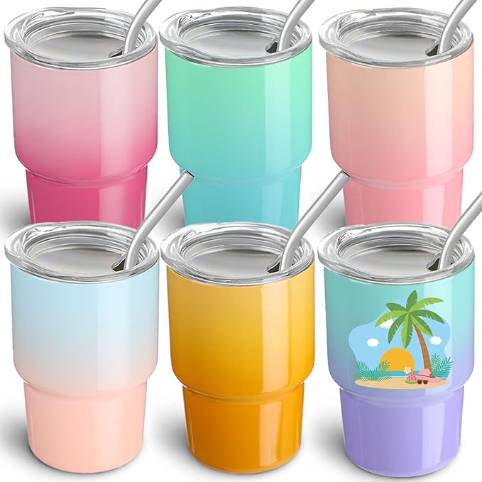 6 Pack 3 oz Gradient Mini Tumbler Shot Glass with Straw and Lid,Sublimation Shot Glasses Stainless Steel Vacuum Insulated Mini Tumblers Cups Gifts for Wedding Cocktail Party