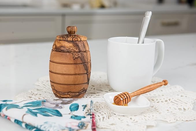 Lipper International Olive Wood Honey Pot with Cover, 3" x 2.5" x 5"