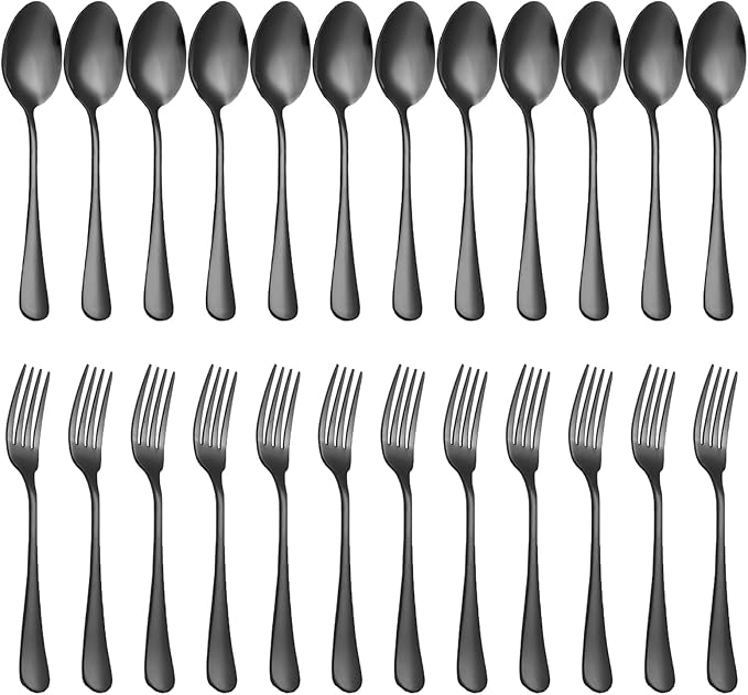 24 Piece Black Forks and Spoons Silverware Set for 12, Stainless Steel Dinner Forks(8 Inch) and Spoons(6.7 Inch) Black Silverware Set, Heavy-Duty Cutlery Set, Dishwasher Safe