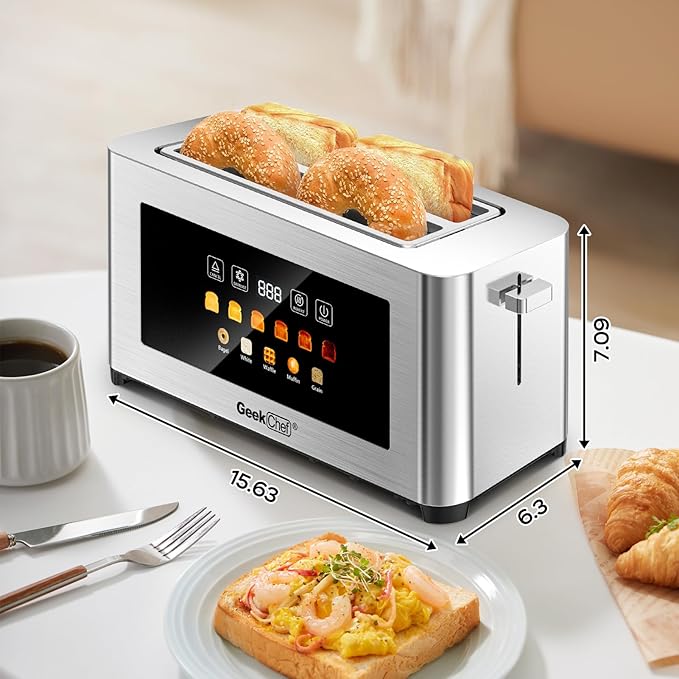 Geek Chef Long Slot Toaster 4 Slice, 1.5" Touch Screen Extra Wide Slots for Bagels & Waffles, 6 Browning Levels, Timer, Reheat, Defrost, Cancel Function, Removable Crumb Tray, Stainless Steel