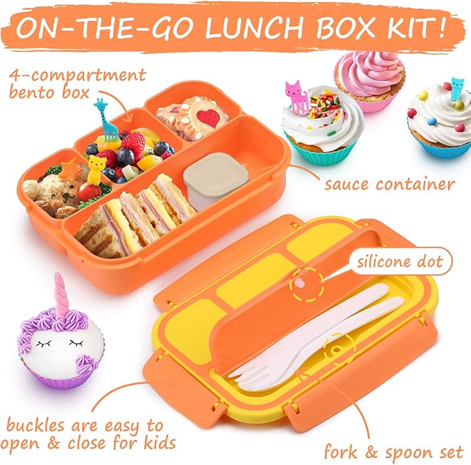 QQKO Bento Box for Kids Adults, School Toddler Lunch Box for Boys Girls, Lunch Box Containers with 4 Compartments, Sauce Container, Utensils, Food Picks and Muffin Cups for School, Orange Yellow