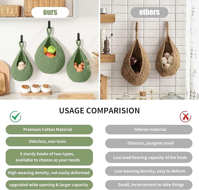 Boho Wall Hanging Fruit Baskets for Kitchen 3 Pack Woven Produce Holder with 6 Pcs Strong Hooks Vegetable Hanging Basket for Organizing Teardrop Home Wall Potato Onion Storage, Green