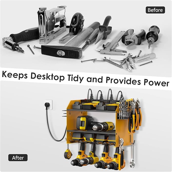 CCCEI Modular Power Tool Organizer Wall Mount with Charging Station. Garage Drill Storage Shelf with Hooks, Heavy Duty Rack, Tool Battery Holder Built in 8 Outlet. Gift for Men. Yellow, 1 Pack.