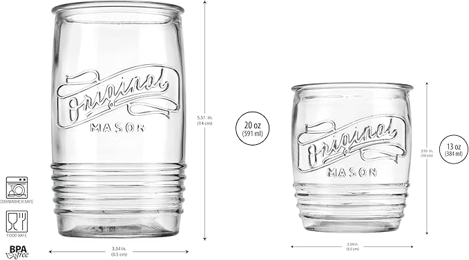 Glaver's Original Mason Set of 8 Drinking Glasses 4-20 Oz Highball Glasses, and 4-13 Oz Whiskey Glass Cups For Everyday Home Use Water, Beer, Juice, Cocktail.