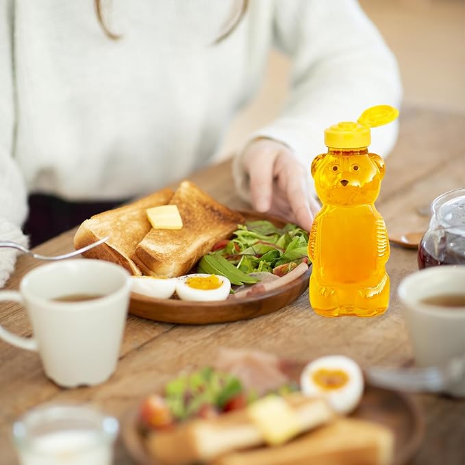 12 Pack Honey Bear Bottle 12 oz, Reusable Plastic Honey Bear Jars Bulk with Yellow Flip Top Lid for Storing and Dispensing(350ml /12oz)