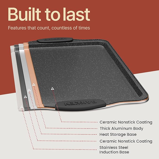 BAKKENMaster 6-Piece Nonstick Gray Marble Coated Bakeware Set - Professional Quality Carbon Steel Pans with Silicone Handles - Ideal for Oven, Refrigerator, Freezer - Dishwasher Safe