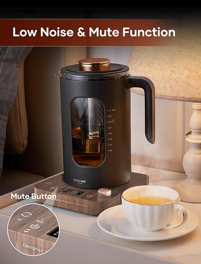 Electric Tea Kettle, INTASTING Glass Electric Kettle with tea Infuser and Precise knob temperature control, 1200W Fast Heating, BPA-Free, Easy to Clean, 1 Liter (Wood)