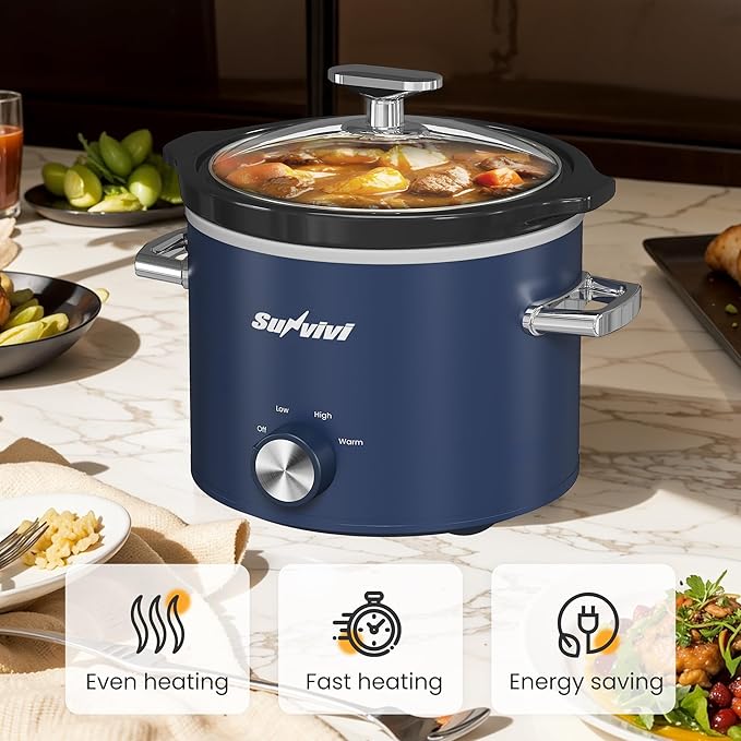 Sunvivi 2 Quart Slow Cooker, Small Slow Cooker with Removable Ceramic Pot, Food Warmer with 3 Heating Settings & Dishwasher Safe Glass Lid, Blue