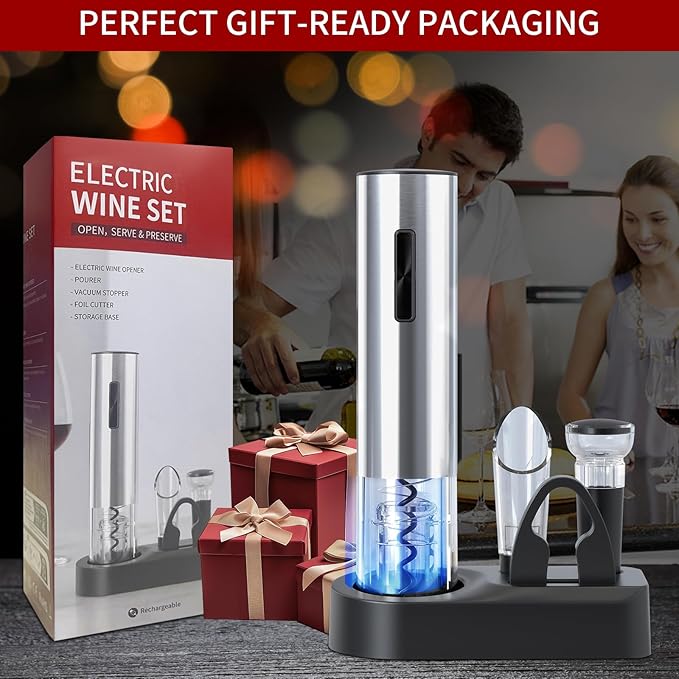 Electric Wine Opener, 6-in-1 Rechargeable Wine Bottle Opener set includes Automatic Corkscrew Wine Opener, Foil Cutter, Vacuum Wine Stopper, etc. Ideal gift for Wine Lovers (Silver)