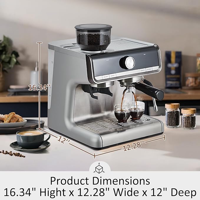 GarveeHome Espresso Machine With Grinder, 20 Bar Semi-Automatic Espresso Coffee Maker With Milk Frother Steamer Wand Cappuccino Latte Macchiato, 95 oz Water Tank, Pid Temperature Control-Silver