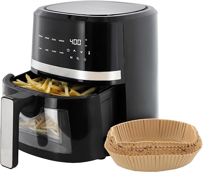 MegaChef 4 Quart Digital LED Display Electric Air Fryer with Transparent Window in Black and Bonus 125 Piece Paper Liners