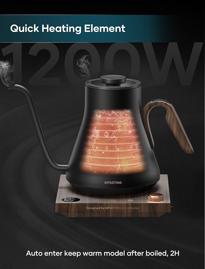 INTASTING Electric Kettle, Gooseneck Electric Kettle, ±1℉ Precise Temperature Control, Stainless Steel Interior, Quick Heating for Pour Over Coffee, Tea & Boiling Water, 0.9L (Onyx Black)