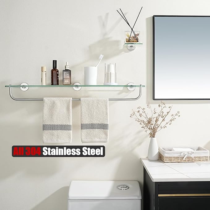 JQK Bathroom Glass Shelf, Shelf with 29 Inch Towel Bar Tempered Glass Shower Storage 30 by 5 inches, 304 Stainless Steel Brushed Finish Wall Mount, TGS100L30-BN