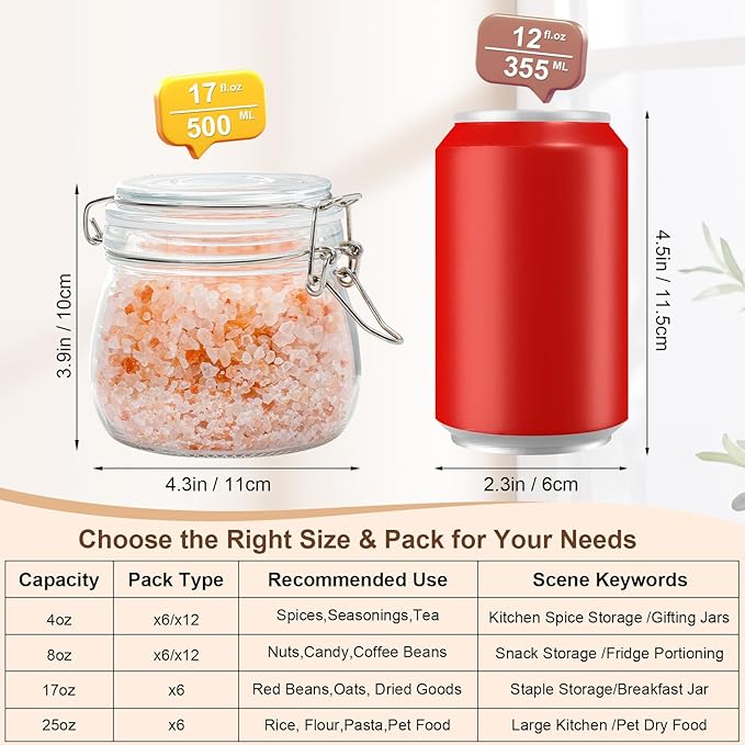 17oz Airtight Glass Jars, 6 Pack Clamp Lid Canisters, Small Food Storage Containers for Spices, Nuts, Snacks, Canning Jar for Jams & Pickling, Pantry Organization