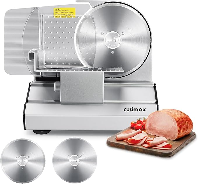 CUSIMAX Electric Meat Slicer for Home,Two 7.5''Stainless Steel Blades,1-20mm Adjustable Thickness,Easy to Cut Various Foods,Removable Food Carriage for Easy Cleaning