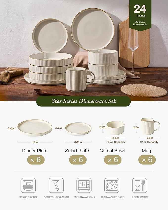 Famiware Star Dinnerware Set with Mugs, Service for 6 (24 Pieces), Ribbed Stoneware Plates and Bowls Dishes Sets with Trim - Chip & Scratch Resistant, Microwave & Dishwasher Safe, White