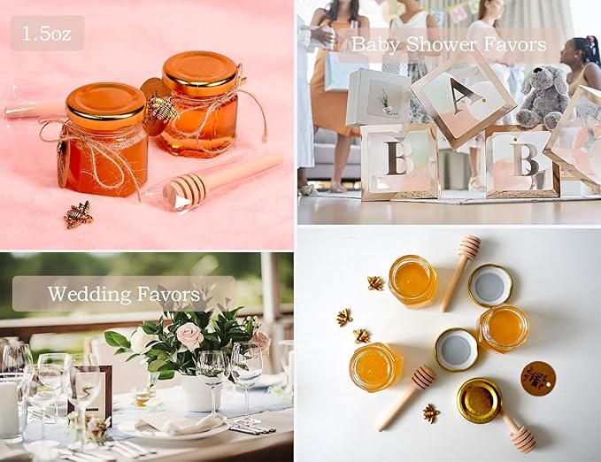 Adabocute Mini Honey Jars - Hexagon Little Glass Honey Jar with Gold Lids, Wooden Dippers, Bee Charms and Jutes - Small Honey Jars for Baby Showers, 20Pack