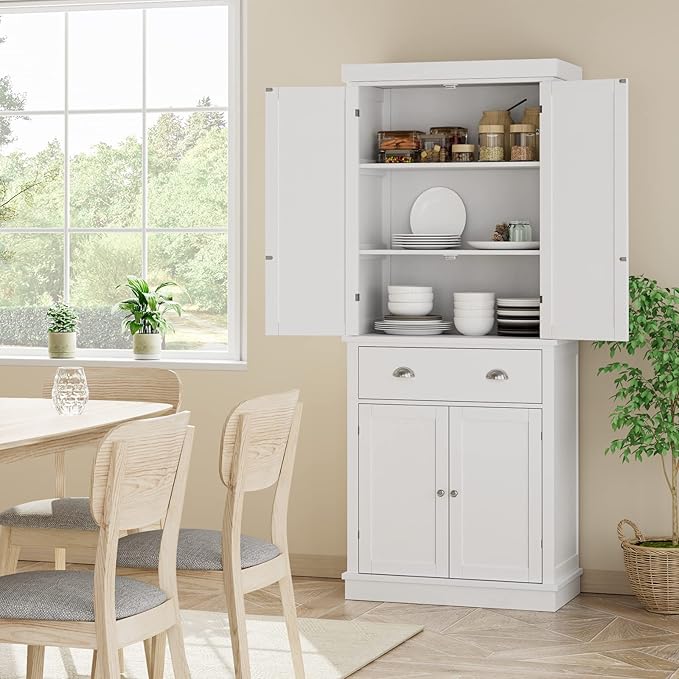 FOTOSOK 72 Kitchen Pantry Storage Cabinets with Drawer, Freestanding Cupboard with 4 Doors, Drawer, 4 Shelves, Utility Pantry Cabinet for Kitchen, Dining Room, Living Room, White HPB-209