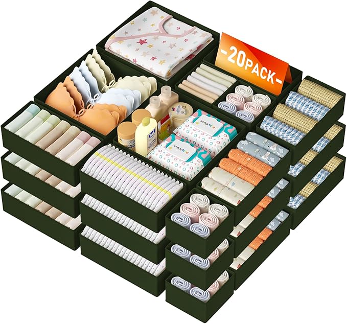 DIMJ Drawer Organizer Clothes Storage - 20 Pack Baby Dresser Organizer for Nursery, Foldable Closet Drawer Bins for Bedroom Organization, Fabric Storage Dividers for Socks, Underwears, Green