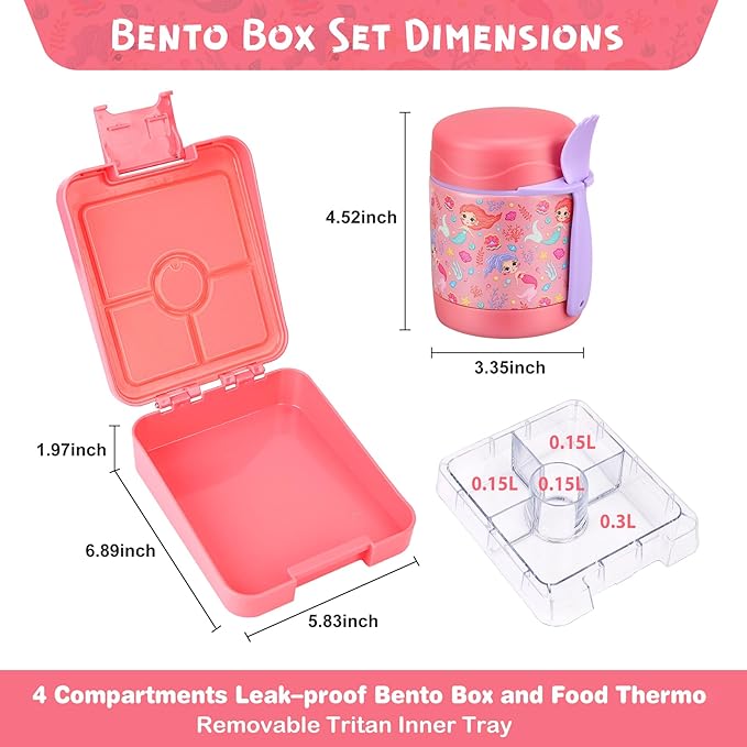 Pawtong Bento Lunch Box Set With 10oz Soup Thermo, Leak-proof Lunch Containers with 4 Compartment, Kids Hot Thermo Food Jar/Insulation Lunch Bag, Food Containers for School（Mermaid）