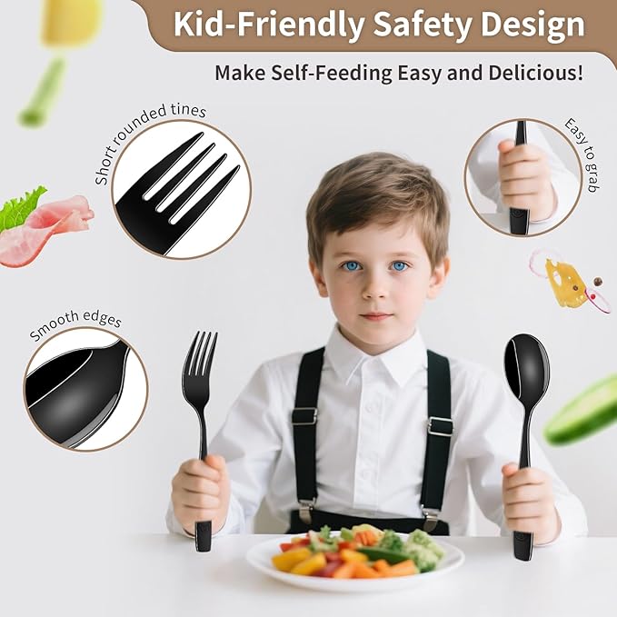 DEHOV Black Toddler Eating Utensils Set,Set Of 12 Food Grade Stainless Steel Silverware Sets For Kids,Dishwasher Safe Children Small Metal Spoons And Forks Flatware Sets