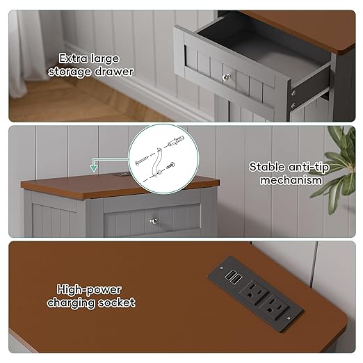Betterhood Double Tilt Out Trash Cabinet with Power Outlet, 10 Gallon Trash Cabinet with Storage,Pet Proof Trash Can with 2 AC & USB Sockets for Kitchen,Living Room (Grey, Single Door)