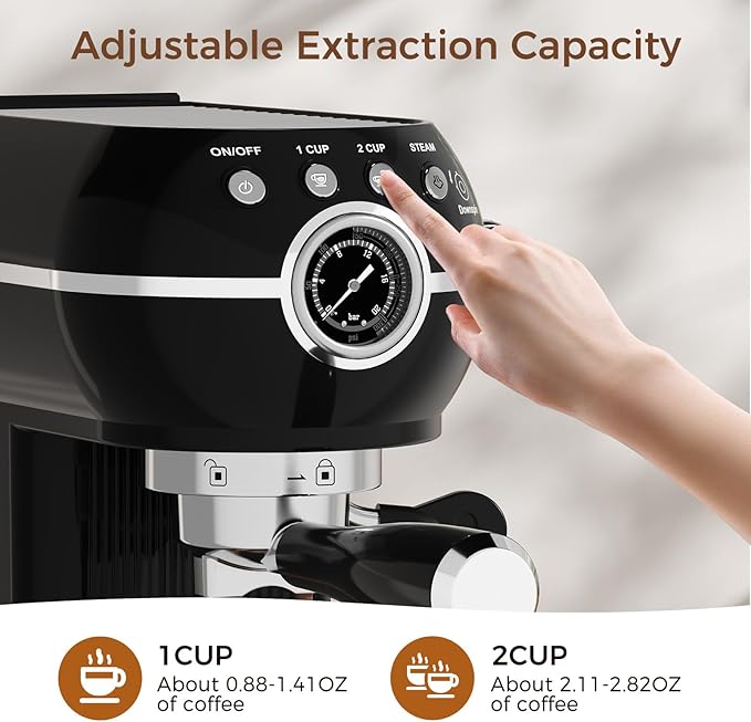 KITCHMIX Espresso Machine with Milk Frother ，20 Bar Stainless Steel Espresso Maker with Milk Frother Steam Wand, Espresso Coffee Machine with Removable Water Tank (Black)