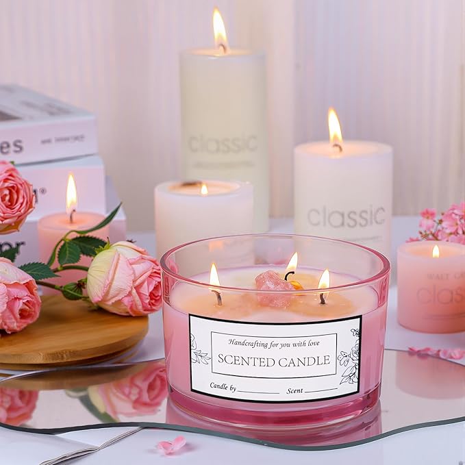 CONNOO 24oz Pink Thick Glass Candle Jars 6 Pack, Multi-Wick Wide Mouth Empty Bulk Candle Containers for Making Candles with Airtight Bamboo Lids, Sticky Warning Labels, Wick kit- Dishwasher Safe