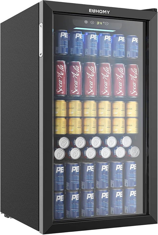 EUHOMY Beverage Refrigerator Cooler, 125 Can Mini Fridge with Glass Door for Soda Beer or Wine, Beverage Cooler for Home, Office, Bar with Adjustable Removable Shelves, Black