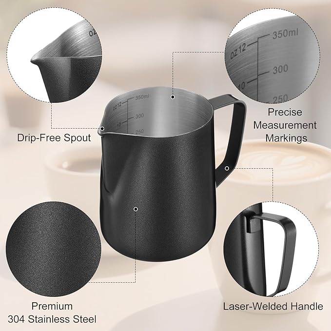 Honeydak 6 Pcs Milk Frothing Pitcher 304 Stainless Steel Steaming Pitchers for Coffee Bar Cappuccino Barista Tools Milk Jug Steamer Frother Cup (12 oz)