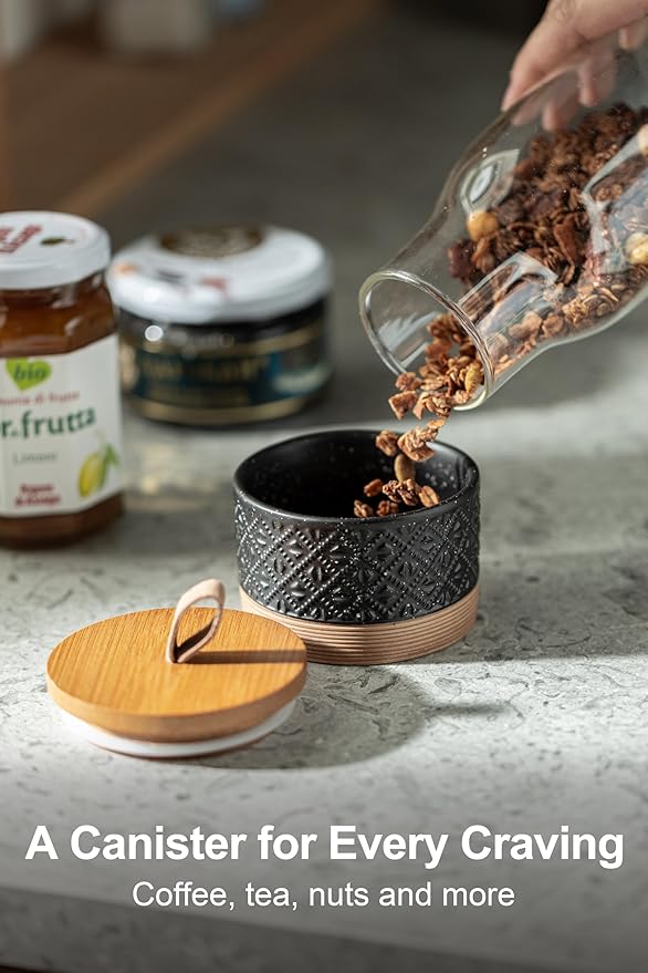 Miamolo Mini Ceramic Jars with Airtight Lid, Coffee Container Canister Kitchen Food Storage Jar with Lid for Spice Sugar Tea Bag, Stackable Decorative Jars for Countertop, Pantry, Black & 5 fl.oz