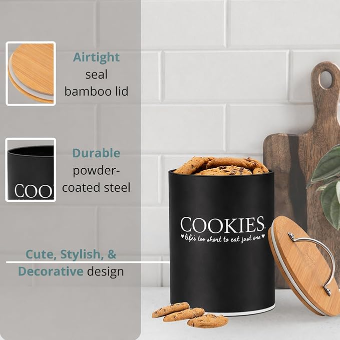 D'Lifeful Cookie Jar with Airtight Bamboo Lid – 1.1 Gallon Cute and Decorative Cookie Storage for Kitchen Countertop – Farmhouse Storage Tin for Freshness – Great Gift Idea (Black)